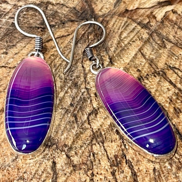Purple-Pink Botswana Agate Earrings 2” - Picture 9 of 11